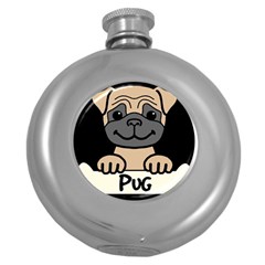 Tan Pug With A Bone  Round Hip Flask (5 Oz) by Bigfootshirtshop