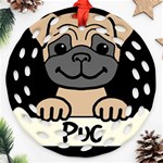 Tan Pug With A Bone  Ornament (Round Filigree) Front