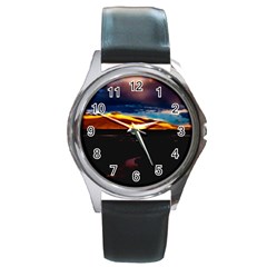 India Sunset Sky Clouds Mountains Round Metal Watch by BangZart