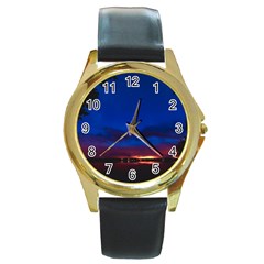 Canada Lake Night Evening Stars Round Gold Metal Watch by BangZart