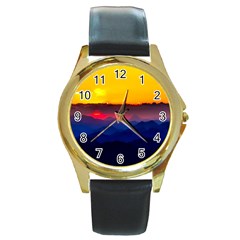 Austria Landscape Sky Clouds Round Gold Metal Watch by BangZart