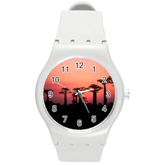 Baobabs Trees Silhouette Landscape Round Plastic Sport Watch (m) by BangZart