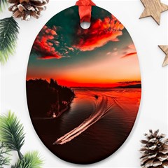 Sunset Dusk Boat Sea Ocean Water Ornament (Oval)