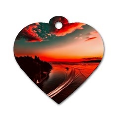 Sunset Dusk Boat Sea Ocean Water Dog Tag Heart (Two Sides)