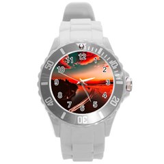 Sunset Dusk Boat Sea Ocean Water Round Plastic Sport Watch (L)