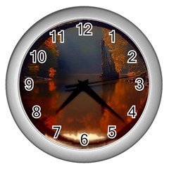 River Water Reflections Autumn Wall Clocks (silver)  by BangZart