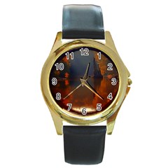 River Water Reflections Autumn Round Gold Metal Watch by BangZart