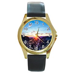 Iceland Landscape Mountains Stream Round Gold Metal Watch by BangZart