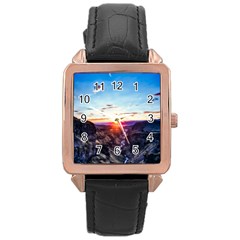 Iceland Landscape Mountains Stream Rose Gold Leather Watch  by BangZart