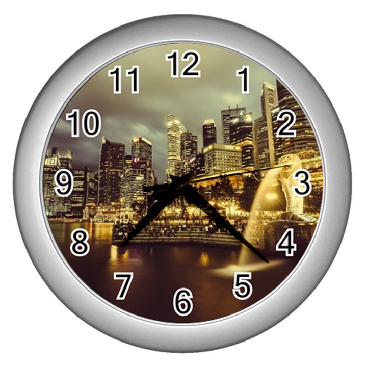 Singapore City Urban Skyline Wall Clocks (Silver) 