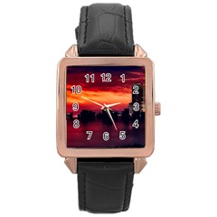 New York City Urban Skyline Harbor Rose Gold Leather Watch  by BangZart