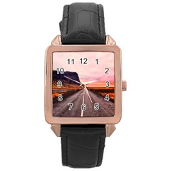 Iceland Sky Clouds Sunset Rose Gold Leather Watch  by BangZart