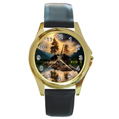 Sunset Dusk Sky Clouds Lightning Round Gold Metal Watch by BangZart