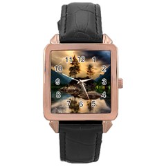 Sunset Dusk Sky Clouds Lightning Rose Gold Leather Watch  by BangZart