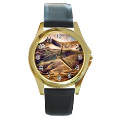 Iceland Mountains Sky Clouds Round Gold Metal Watch by BangZart