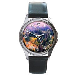 Landscape Fog Mist Haze Forest Round Metal Watch by BangZart