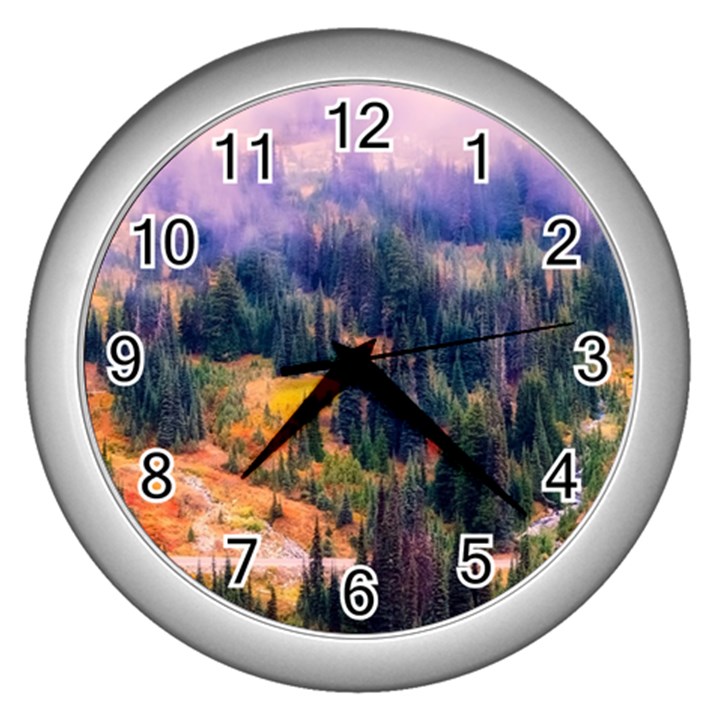 Landscape Fog Mist Haze Forest Wall Clocks (Silver) 