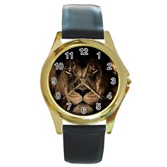 African Lion Mane Close Eyes Round Gold Metal Watch by BangZart