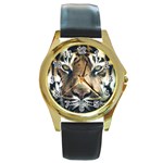 Tiger Bengal Stripes Eyes Close Round Gold Metal Watch Front