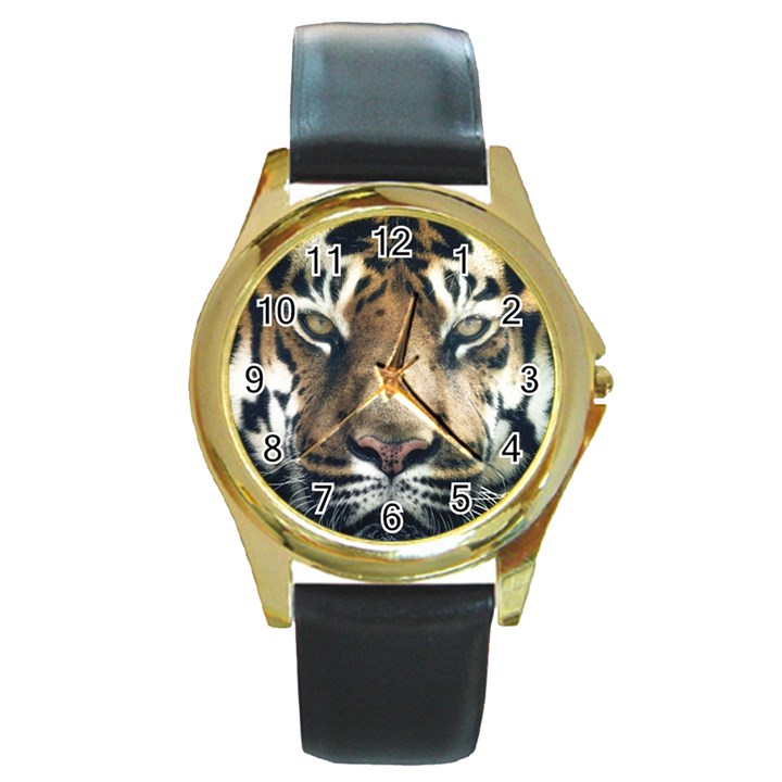 Tiger Bengal Stripes Eyes Close Round Gold Metal Watch