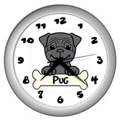 Black Pug With A Bone Wall Clocks (silver)  by Bigfootshirtshop