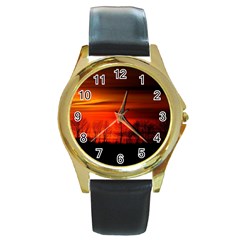 Tree Series Sun Orange Sunset Round Gold Metal Watch by BangZart