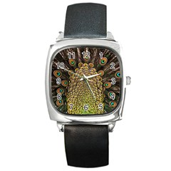 Peacock Feathers Wheel Plumage Square Metal Watch by BangZart