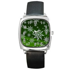 Christmas Star Ice Crystal Green Background Square Metal Watch by BangZart