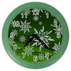 Christmas Star Ice Crystal Green Background Color Wall Clocks by BangZart