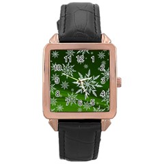 Christmas Star Ice Crystal Green Background Rose Gold Leather Watch  by BangZart