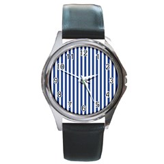 Blue Stripes Round Metal Watch by jumpercat