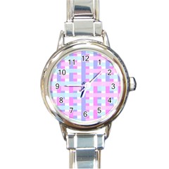 Gingham Nursery Baby Blue Pink Round Italian Charm Watch by BangZart