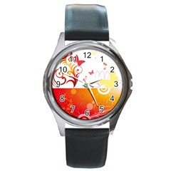 Spring Butterfly Flower Plant Round Metal Watch by BangZart