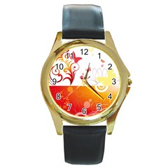 Spring Butterfly Flower Plant Round Gold Metal Watch by BangZart