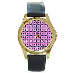 Pattern Pink Squares Square Texture Round Gold Metal Watch by BangZart