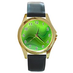 Green Wave Background Abstract Round Gold Metal Watch