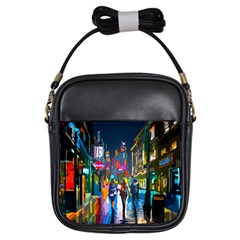 Abstract Vibrant Colour Cityscape Girls Sling Bags by BangZart