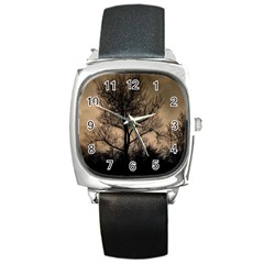 Tree Bushes Black Nature Landscape Square Metal Watch by BangZart