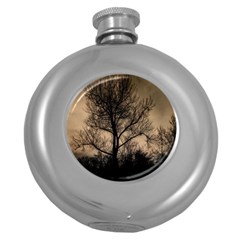 Tree Bushes Black Nature Landscape Round Hip Flask (5 Oz) by BangZart