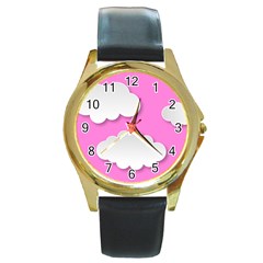 Clouds Sky Pink Comic Background Round Gold Metal Watch by BangZart