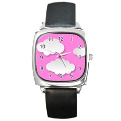 Clouds Sky Pink Comic Background Square Metal Watch by BangZart