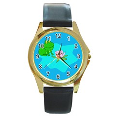 Frog Flower Lilypad Lily Pad Water Round Gold Metal Watch by BangZart