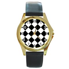 Grid Domino Bank And Black Round Gold Metal Watch