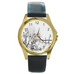 Snow Winter Cold Landscape Fence Round Gold Metal Watch by BangZart