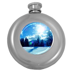 Ski Holidays Landscape Blue Round Hip Flask (5 Oz) by BangZart