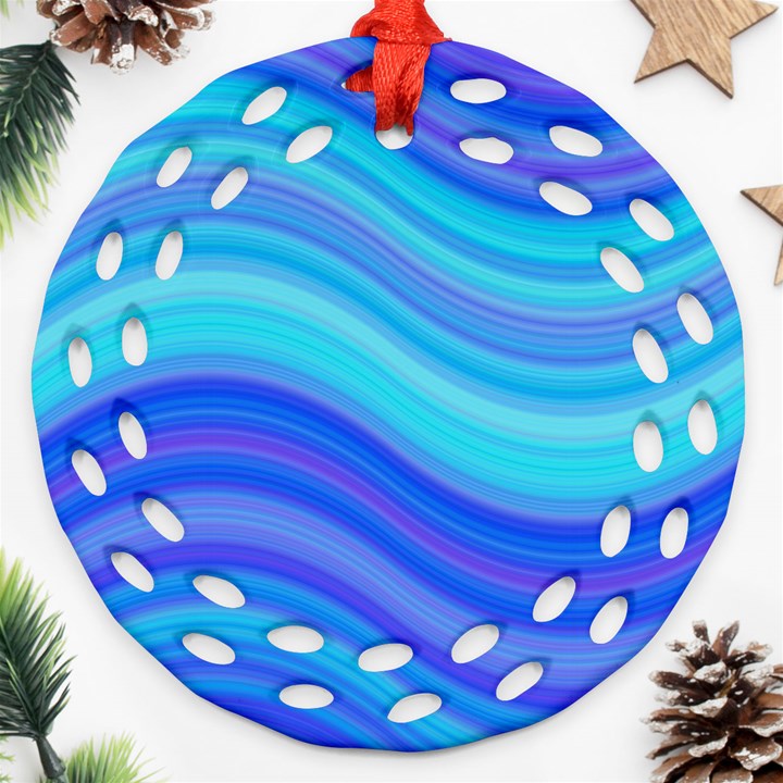 Blue Background Water Design Wave Round Filigree Ornament (Two Sides)