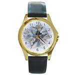 Winter Frost Ice Sheet Leaves Round Gold Metal Watch Front