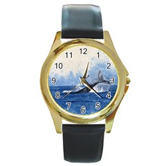 Whale Watercolor Sea Round Gold Metal Watch by BangZart