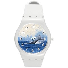 Whale Watercolor Sea Round Plastic Sport Watch (m) by BangZart