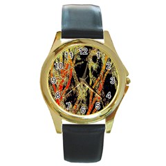 Artistic Effect Fractal Forest Background Round Gold Metal Watch